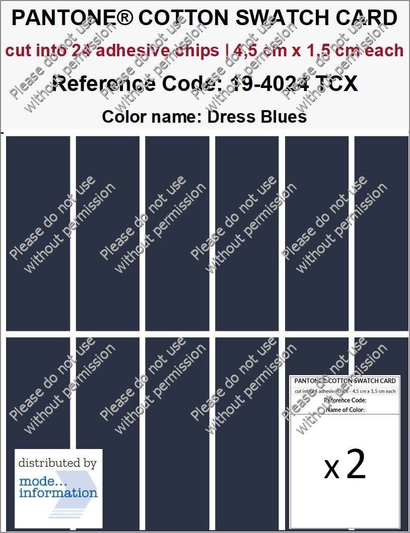 PANTONE COTTON SWATCH CARD 19-4024 TCX Dress Blues (cut into 24 adhesive chips | 4,5 cm x 1,5 cm)