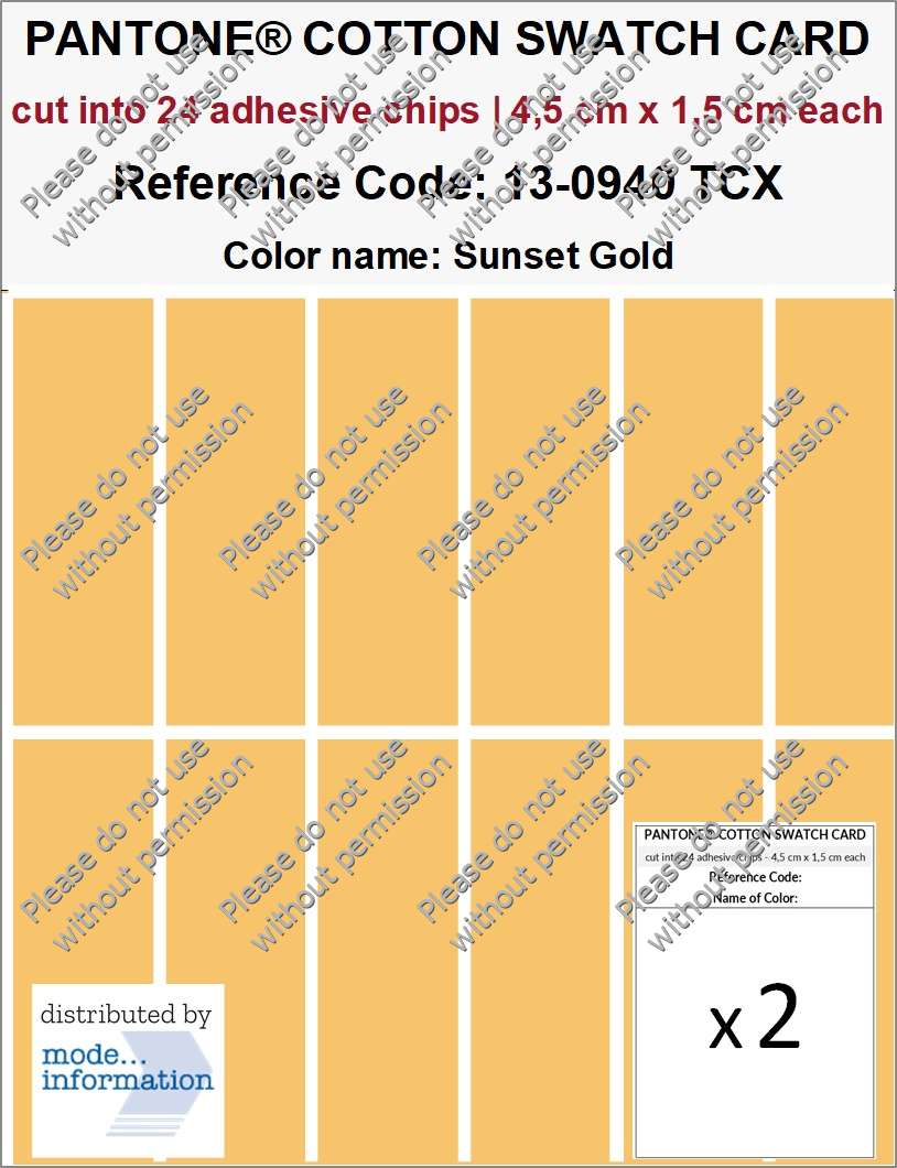 PANTONE COTTON SWATCH CARD 13-0940 TCX Sunset Gold (cut into 24 adhesive chips | 4,5 cm x 1,5 cm)