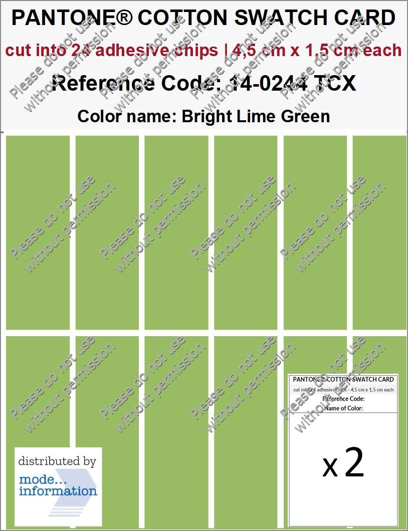 PANTONE COTTON SWATCH CARD 14-0244 TCX Bright Lime Green (cut into 24 adhesive chips | 4,5 cm x 1,5 cm)