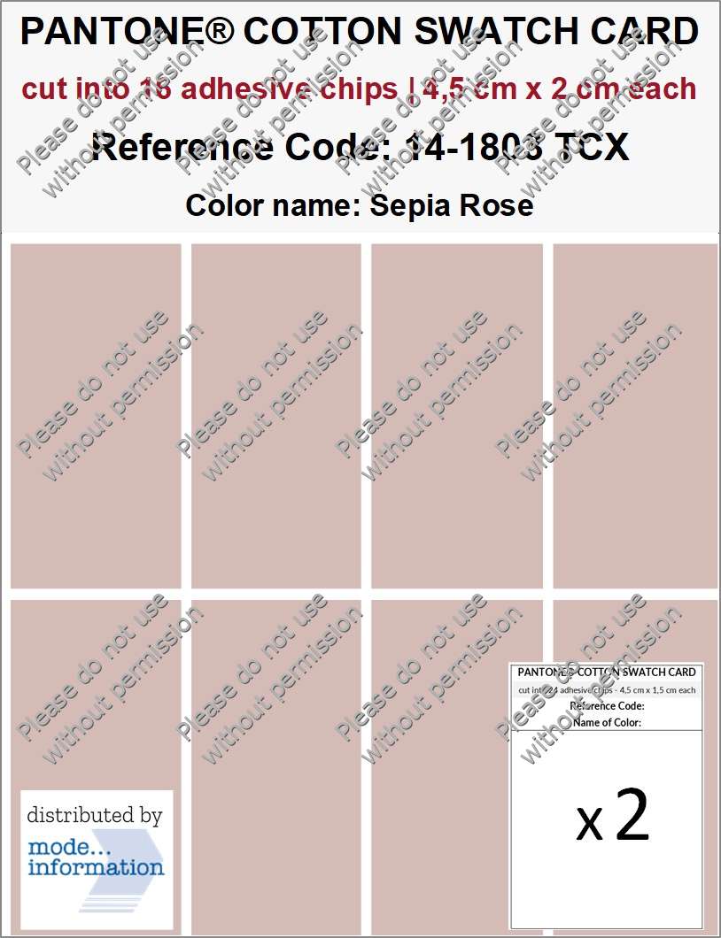 PANTONE COTTON SWATCH CARD 14-1803 TCX Sepia Rose (cut into 16 adhesive chips | 4,5 cm x 2 cm)