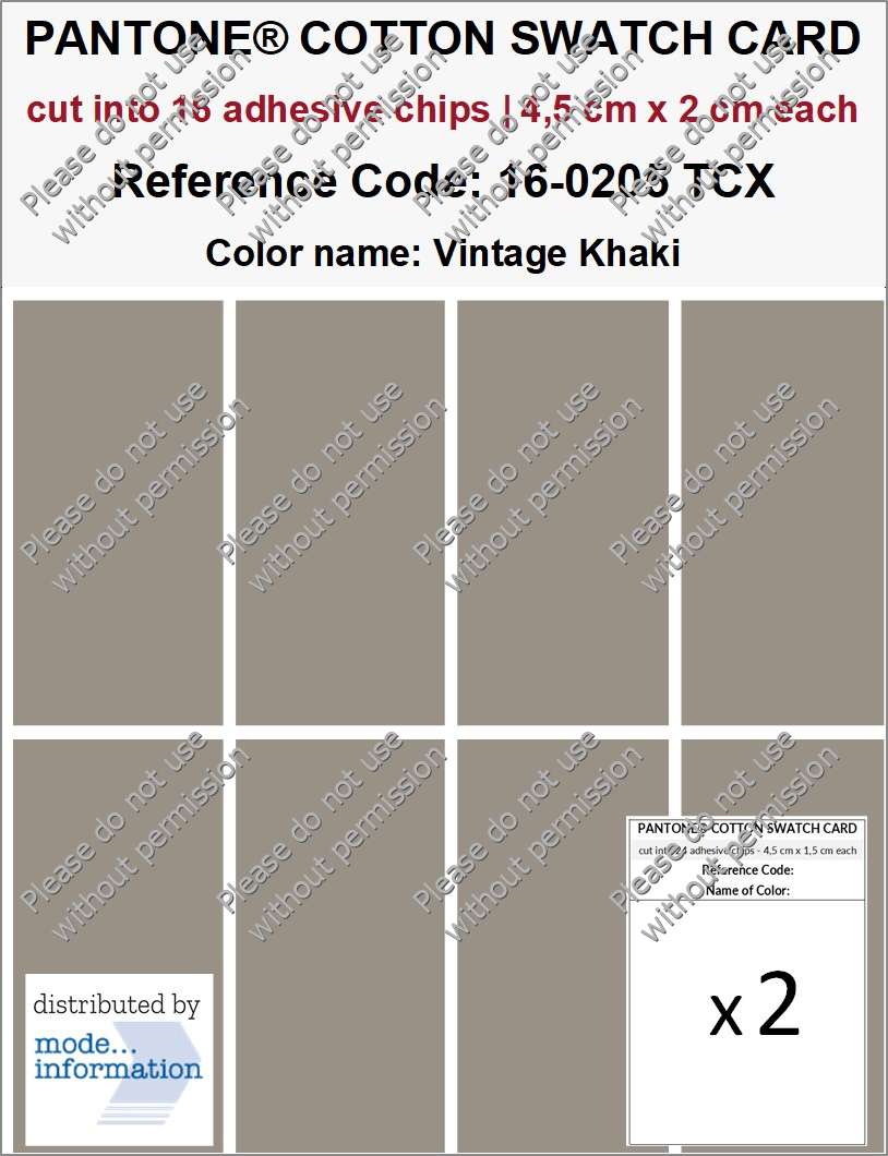 PANTONE COTTON SWATCH CARD 16-0205 TCX Vintage Khaki (cut into 16 adhesive chips | 4,5 cm x 2 cm)