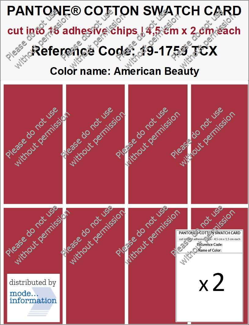 PANTONE COTTON SWATCH CARD 19-1759 TCX American Beauty (cut into 16 adhesive chips | 4,5 cm x 2 cm)
